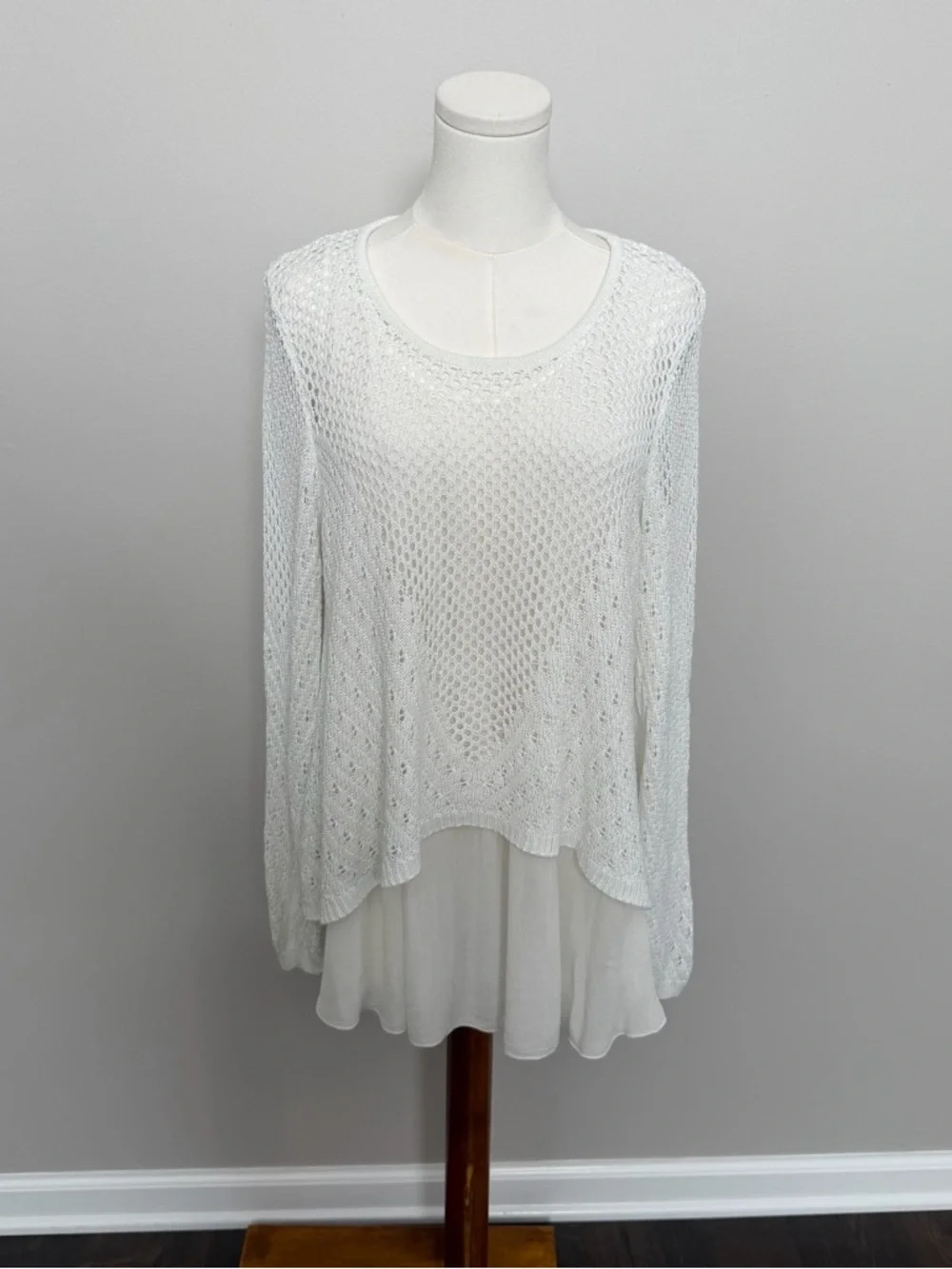 Anthropologie Top Sweater Tunic Open Knit Boho Cottagecore Prairie White XLP